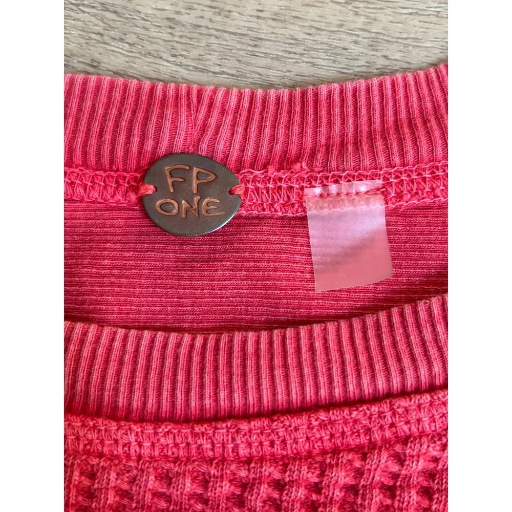 Free People FP One Rich Red Waffle Knit Thermal Mixed Media Top Long Sleeve XL